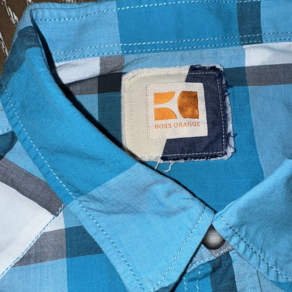 HUGO BOSS Orange TEAL/GRAY PLAID Shirt Mens XL Slim Fit Pearl Snap Western NICE! - Picture 3 of 10